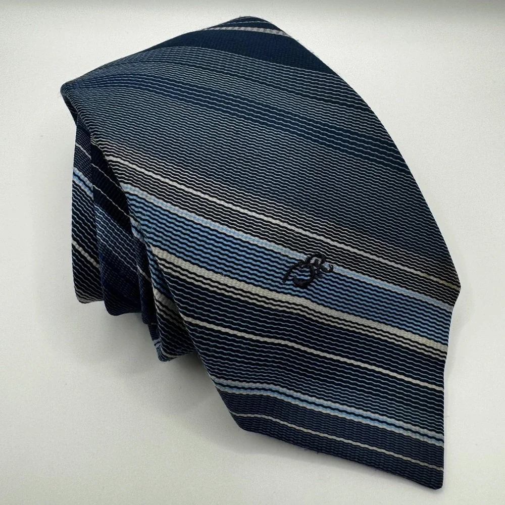 Oscar de la Renta Mens‎ Striped Silk Necktie Navy Blue White Luxury Designer Tie